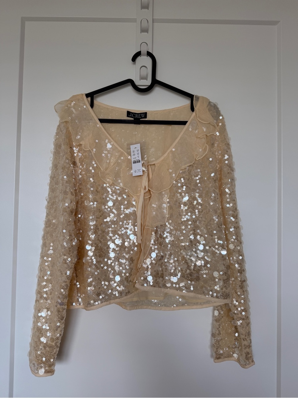 J. Crew Champagne Sequin Ruffle Tie Front Blouse - Picture 3 of 4